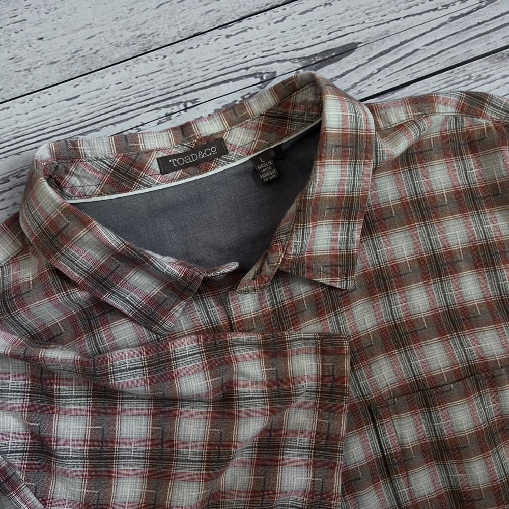 Toad&Co Mens Large Organic Cotton Short Sleeve Plaid Button Down Gorpcore Shirt
